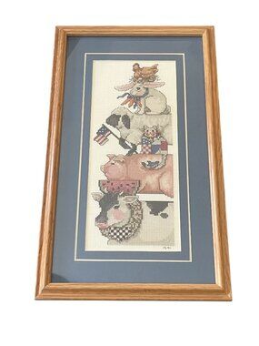 Vintage Farm Animal Stack Cross-Stitch Art In Wood Frame
